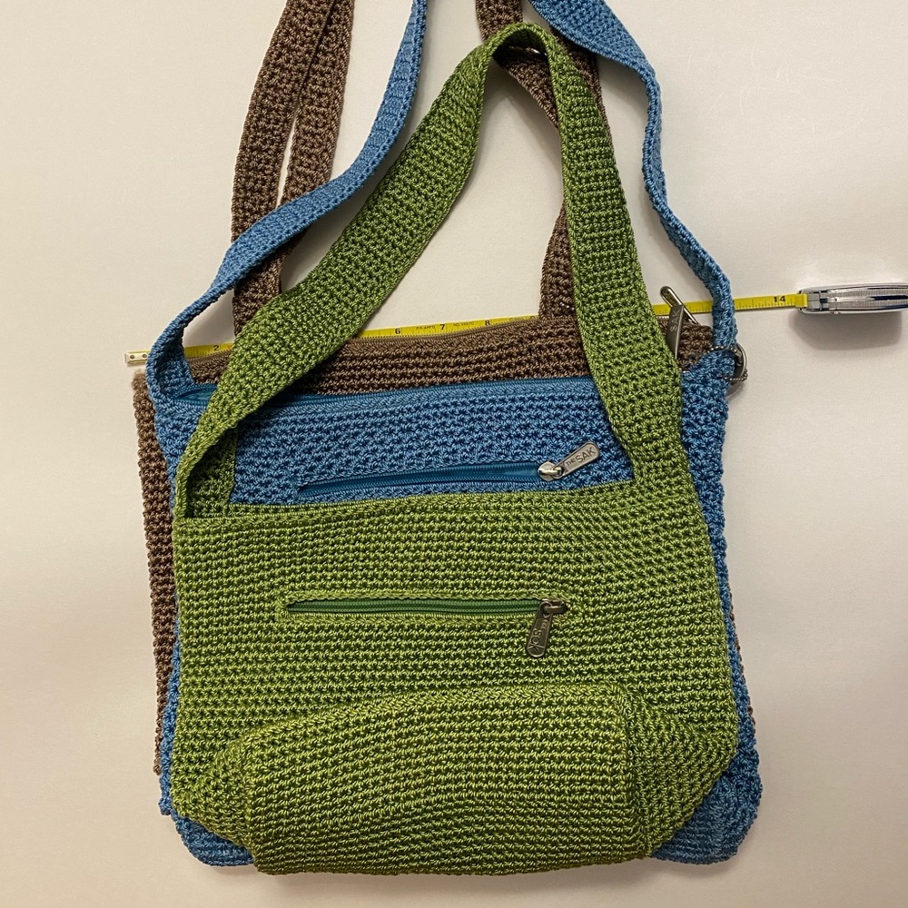 THE SAK Crocheted Silver-Tone Branded Zipper Purse Shoulder Bag Green VGUC - Picture 16 of 17